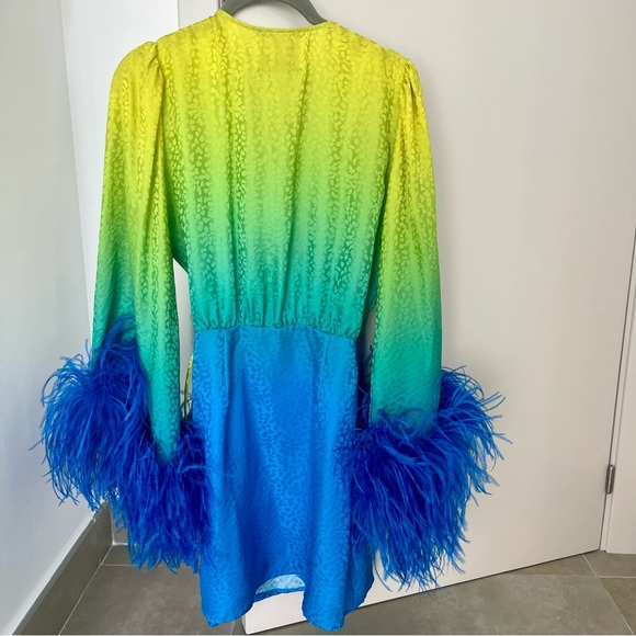 ART DEALER 100% Silk Green & Blue Feather Wrap Dress Robe Small S NWOT - Picture 5 of 9